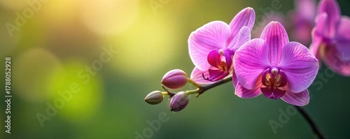 Delicate orchids sway gently in a summer breeze, their petals catching the light A vibrant display of nature's beauty and fragility against a blurred background , flora, vibrant