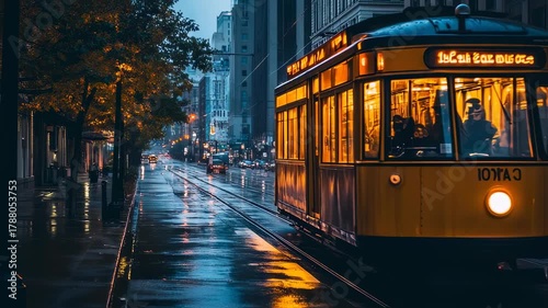 Rainy urban journey: classic yellow tram gliding through a city street at night