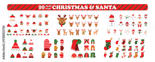 Christmas colored flat icon set, Santa and winter holiday solid vector pack. 99 minimal elements isolated on transparent background.