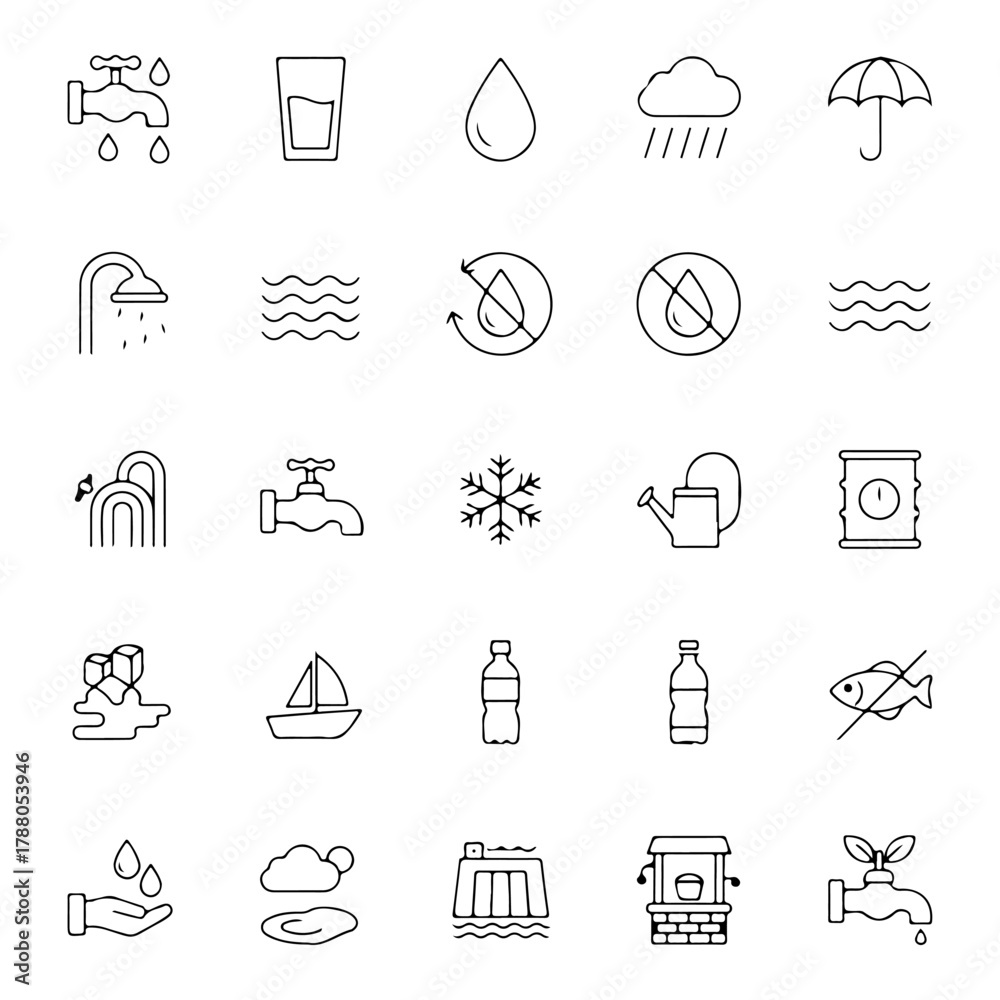 Fototapeta premium Set of Water Line Icons for Ecology, Hydrology, Conservation, and Environment