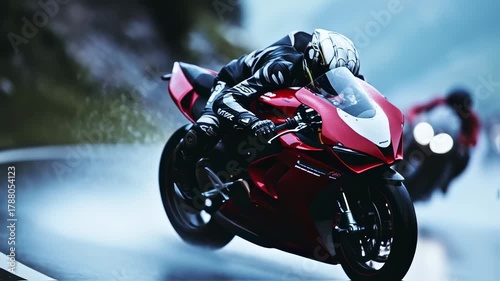 Red Motorcycle race on wet mountain road cinematic footage and racing experience, dramatic scenery