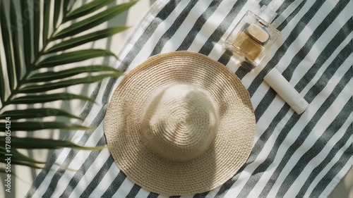 Relaxing summer day with beach accessories flat lay arrangement, ideal vacation scenery