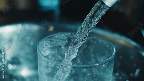 Refreshing water stream filling glass with dynamic motion and clear liquid motion