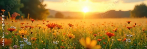 Golden hour sunlight bathes a vibrant summer field, wildflowers swaying gently in the breeze A tranquil scene perfect for relaxation and escape , wallpaper, wildflowers, nature