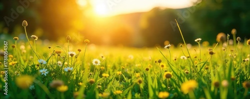 Golden hour sunlight bathes a vibrant summer landscape, illuminating lush green grass and wildflowers in a picturesque meadow Perfect for summer, nature, and idyllic themes , warm, yellow