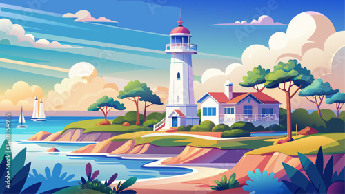 Very beautiful view of the Biloxi Lighthouse in Biloxi, Mississippi, USA, featuring its iconic white tower, coastal surroundings, soft natural light, and a realistic serene Gulf Coast landscape.