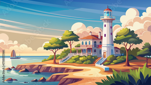 Very beautiful view of the Biloxi Lighthouse in Biloxi, Mississippi, USA, featuring its iconic white tower, coastal surroundings, soft natural light, and a realistic serene Gulf Coast landscape.