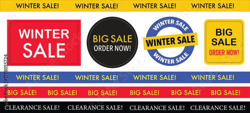 Collection of winter sale, big sale, and clearance sale banners and labels