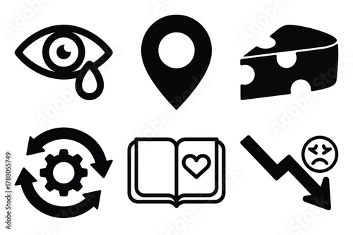 Collection of diverse vector icons: emotion, map, food, process, love, downturn
