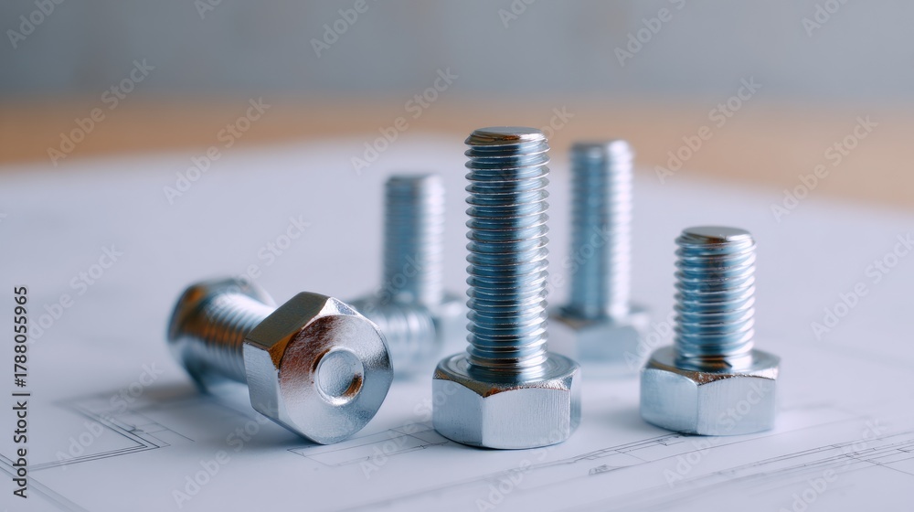 Fototapeta premium Collection of shiny steel bolts and nuts arranged on engineering blueprints, showcasing industrial components and tools for construction projects