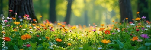 Lush wildflowers carpet a sun-dappled forest floor, creating a vibrant tapestry of color and texture Perfect for nature, spring, or environmental themes , wilderness, natural landscape, wildflowers