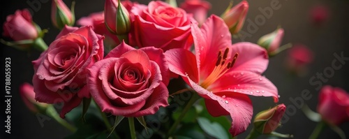 Luxurious bouquet of velvety roses and lilies, dripping with dew, exudes a captivating, sensual aroma Perfect for Valentine's, wedding, or romantic themes , temptation, white