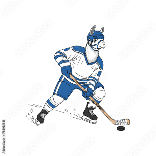 Llama is playing with hockey puck on ice skating rink wearing ice uniform