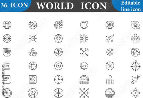 World icon set with editable line icon
