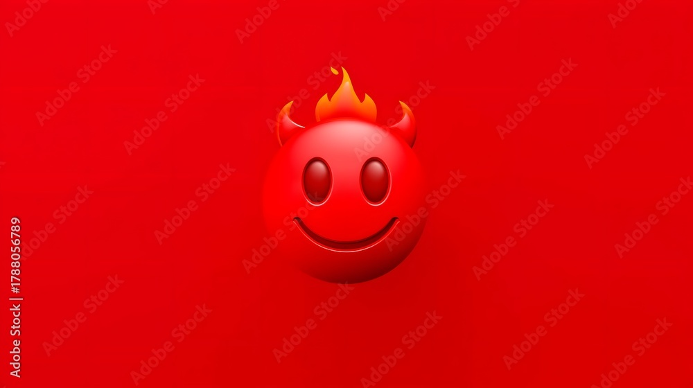 Obraz premium Fiery Demeanor: A cheerful red devil emoji with expressive eyes and a mischievous grin, adorned with a flaming crown, against a vibrant red backdrop.