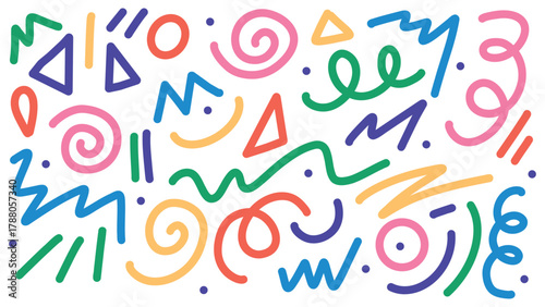 Colorful squiggly lines, abstract squiggles in childish doodle style. Color hand drawn various shapes, strokes, swirl. Freeform set on white background. Trendy drawing for children party celebration.