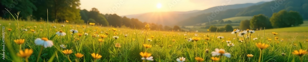Fototapeta premium Serene meadow scene at dawn, wildflowers in bloom, soft sunlight illuminating lush green grass and distant hills Perfect for nature, spring, or peaceful backgrounds , outdoors, sky