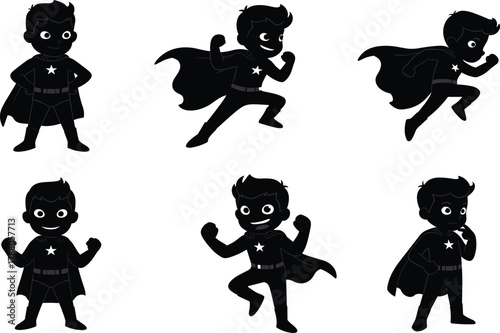 Superhero character in cape, star emblem, action poses, cartoon comic style hero illustration, flat vector