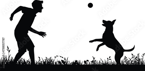 Silhouette of person playing with dog, throwing ball outdoors, joyful pet companionship illustration, flat vector design