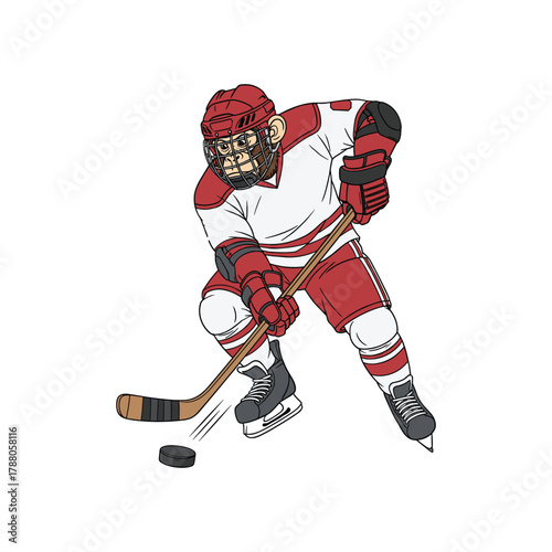 Monkey is playing with hockey puck on ice skating rink wearing ice uniform