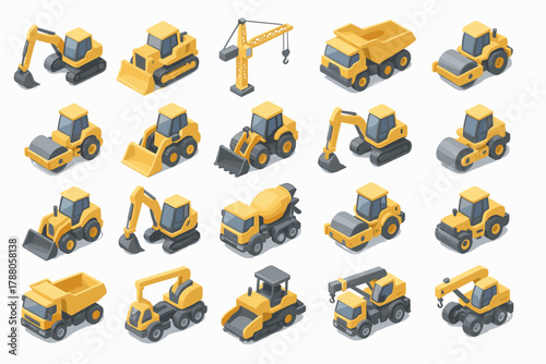Isometric Construction Machinery Vehicles Set