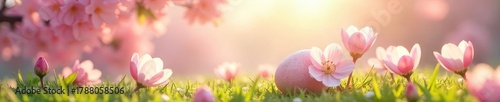 Soft, pastel-colored spring blossoms in full bloom, bathed in the gentle April sunshine Perfect for springtime themes, Easter, or Easter egg hunts , beauty, colorful, garden
