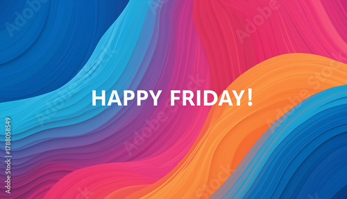 Flowing wave-like gradients of blue, pink, and orange blending seamlessly in an abstract digital art style. The modern “Happy Friday!” text overlays the movement