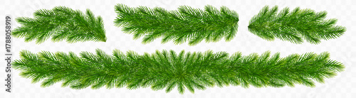 Christmas spruce branches isolated on transparent background. Fir twigs with green needles. Realistic fir tree branches border for greeting New Year and Xmas cards. Vector illustration