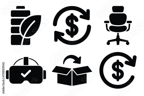 Essential vector icon set: green energy, finance, office, vr, and delivery