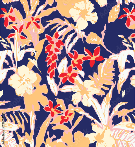 Big flowers pattern, upscale floral pattern. graphical textures floral, trendy colors pattern , flowers background with leaves. vector illustration.