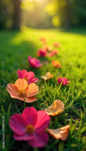 Vibrant flower petals scattered on lush green grass, bathed in soft sunlight A picturesque outdoor scene perfect for spring or summer themes , summer, natural beauty, beautiful