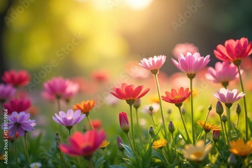 Vibrant wildflowers in full bloom, bathed in the warm sunlight of springtime Perfect for themes of renewal, growth, and the beauty of nature's awakening , springtime landscape, environment, close-up