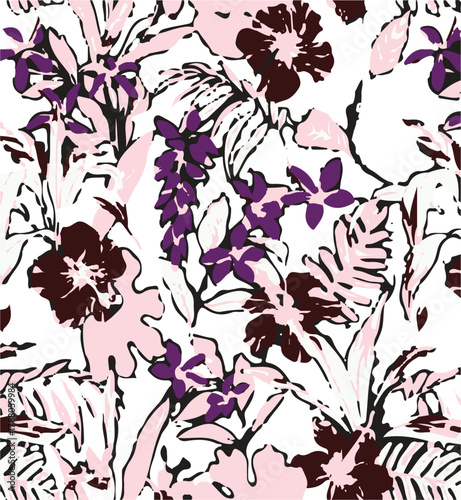 Big flowers pattern, upscale floral pattern. graphical textures floral, trendy colors pattern , flowers background with leaves. vector illustration.