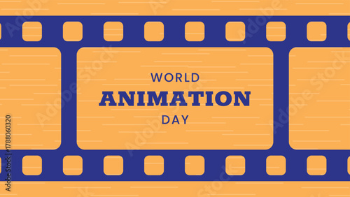 World Animation Day horizontal banner. October 28. Bright colors. Minimal holiday concept. Template for background, social media post, web banner, card, poster with text inscription. Film strip