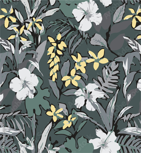 Big flowers pattern, upscale floral pattern. graphical textures floral, trendy colors pattern , flowers background with leaves. vector illustration.