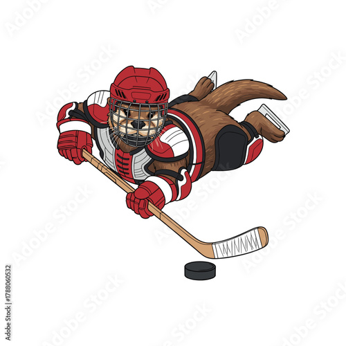 Photography Otter Mascot Play Ice Hockey Pucks and Sticks Sport Vector Design Style Illustra