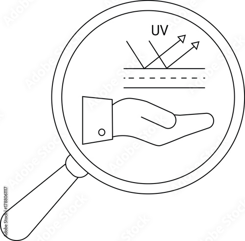 A magnifying glass showing a hand under UV light reflection