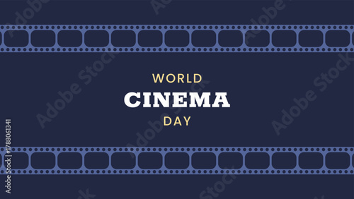 World Cinema Day horizontal banner. December 28. Retro colors. Minimal holiday concept. Template for background, social media post, web banner, card, poster with text inscription. Camera film