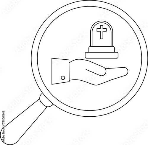 A magnifying glass shows a hand holding a tombstone