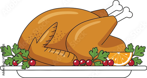 Roasted turkey garnished with parsley and orange