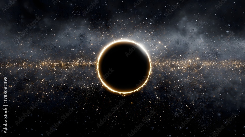 Fototapeta premium A stunning depiction of a dark astronomical phenomenon such as a black hole or obscured planet emitting a radiant golden halo against a backdrop of swirling nebulae and star clusters
