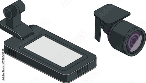 isometric digital camera illustration, 3d black device design, compact video recording gadget, photography equipment, modern technology tool vector art