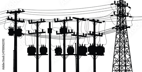 Silhouette vector illustration of electrical utility poles and transmission tower with transformers, wires, insulators—power grid infrastructure, voltage system, energy network
