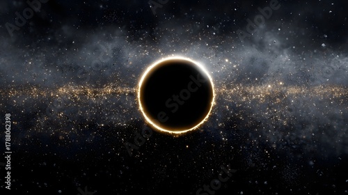 A stunning depiction of a dark astronomical phenomenon such as a black hole or obscured planet emitting a radiant golden halo against a backdrop of swirling nebulae and star clusters