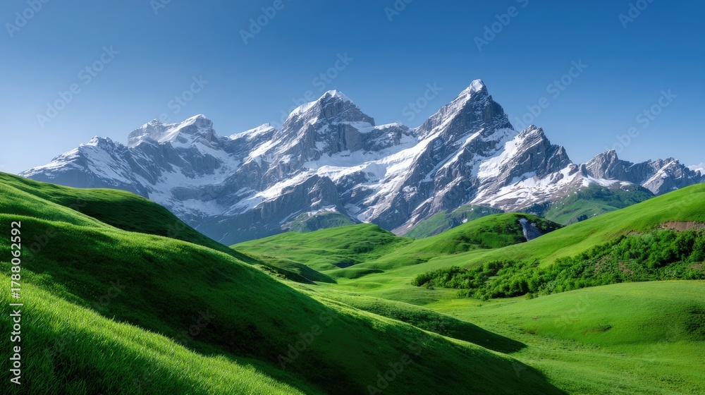 Obraz premium Majestic snow-capped mountains rise above vibrant green hills under a clear blue sky, showcasing the beauty of untouched nature and breathtaking landscapes