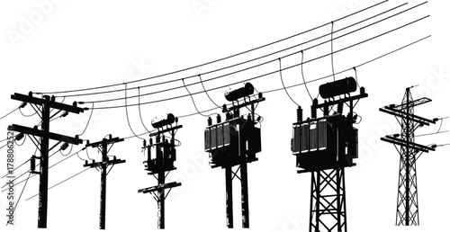 Silhouette vector illustration of electrical utility poles and transmission towers with transformers, wires, insulators—power distribution, energy grid, voltage infrastructure system