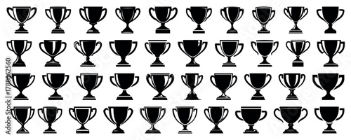 Flat trophy winner cup silhouettes. Black vector illustrations on transparent background. Victory symbol, award cup, winning cups silhouette collection. Win logo. Champions cup illustration sign