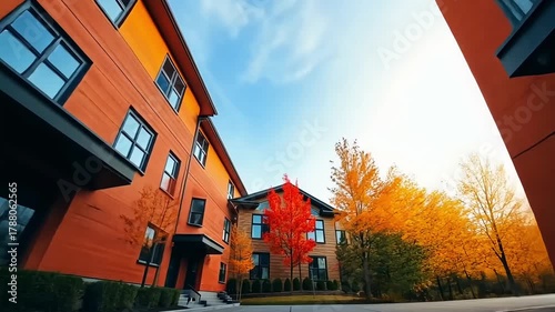 Autumnal residential complex with vibrant orange buildings and colorful trees under a bright sky creating a picturesque neighborhood scene