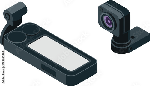 isometric digital camera illustration, 3d black device design, compact video recording gadget, photography equipment, modern technology tool vector art