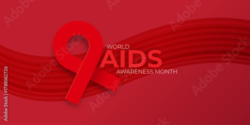World AIDS awareness month banner with red ribbon. World HIV awareness month starts in December. Red ribbon with text isolated on red background. World AIDS Day December 1st